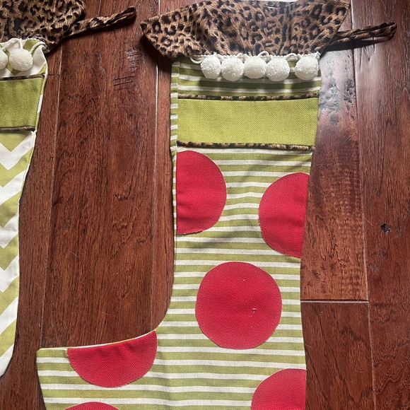 Ballard Designs Christmas Stocking with Pom Poms & Leopard Ruffle Cuff - Picture 3 of 6